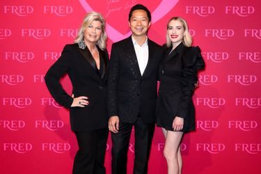 Valérie Samuel, Charles Leung et Emma Roberts lors d'une soirée organisée par la maison de joaillerie Fred à Paris le 18 octobre 2021
