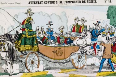 Image d’Epinal montrant la tentative d’assassinat du tsar Alexandre II à Paris le 6 juin 1867 