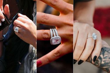 Les bagues de fiançailles des soeurs Kardashian : de gauche à droite les bijoux de Kim, Khloé et Kourtney