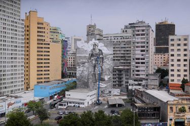 Après avoir recueilli 200 kg de cendres dans différents biomes ravagés par les flammes, l'artiste Mundano a créé une immense fresque de 1.000 m2 sur un immeuble tout proche de l'Avenida Paulista, artère du coeur de la mégalopole brésilienne.