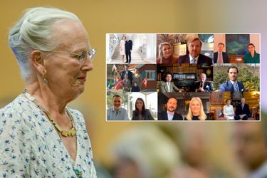 La reine Margrethe II de Danemark, le 4 septembre 2019. En vignette, les membres des familles royales européennes lui souhaitent son 80e anniversaire en vidéo le 16 avril 2020 
