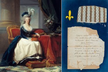 Portrait de la reine Marie-Antoinette, par Mme Vigée Le Brun, 1788 (Musée du château de Versailles) – Morceau de la manche d’une robe de la reine Marie-Antoinette et le billet qui l’accompagne en vente aux enchères à Paris, le 15 octobre 2021