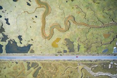 Vainqueur catégorie &quot;Zones humides - Vue d&#039;ensemble&quot;. Javier Lafuente, pour sa photo d&#039;une route longiligne qui coupe un paysage courbé.