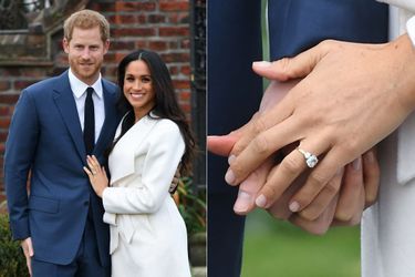Meghan Markle le jour de ses fiançailles avec le prince Harry en novembre 2017, arborant la bague sertie de diamants ayant appartenu à Diana