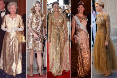 La reine Elizabeth II, la reine Maxima des Pays-Bas, Kate Middleton, les princesses Victoria de Suède et Charlène de Monaco dans des robes dorées