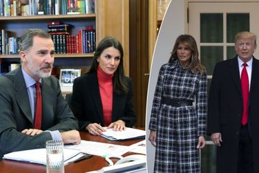 La reine Letizia et le roi Felipe VI d’Espagne à Madrid, le 31 mars 2020. Melania et Donald Trump à Washington, le 7 janvier 2020 