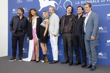 Javier Bardem, Zendaya, Rebecca Ferguson, Denis Villeneuve, Timothée Chalamet, Oscar Isaac et Josh Brolin, à Venise, le 3 septembre 2021.