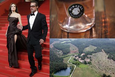Angelina Jolie et Brad Pitt au Festival de Cannes, en mai 2011. A dr., une bouteille de vin rosé du domaine Miraval. En bas, une vue aérienne de la propriété.