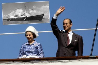 La reine Elizabeth II et le prince Philip à bord du Britannia au Koweït en 1979. En vignette, le Britannia dans les années 1960 