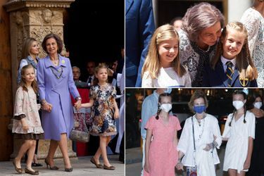 Les princesses Leonor et Sofia d'Espagne avec leur grand-mère la reine Sofia, en 2014, 2015 et 2021
