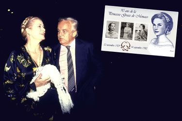 La princesse Grace de Monaco avec le prince Rainier III en 1981 - En vignette : le bloc émis par l&#039;OETP de Monaco en 2019 en l’honneur de ses 90 ans 