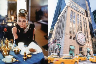 Audrey Hepburn dans « Breakfast at Tiffany’s » (« Diamants sur canapé »), de Blake Edwards. Elle porte la robe créée pour elle par Givenchy, une des maisons emblématiques de LVMH. A d. : Le temple de l’enseigne, à l’angle de la 5e Avenue et de la 57e  Rue. 