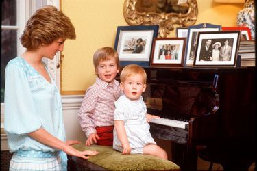 La princesse Diana avec ses fils les princes William et Harry, le 4 octobre 1985