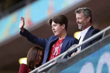 La princesse Mary et les princes Frederik et Christian de Danemark dans le stade de Wembley à Londres, le 7 juillet 2021