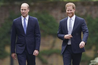 William et Harry dans les jardins de Kensington Palace pour l'inauguration d'une statue commémorative de leur mère Diana à Londres le 1er juillet 2021