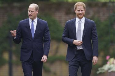 William et Harry dans les jardins de Kensington Palace pour l'inauguration d'une statue commémorative de leur mère Diana à Londres le 1er juillet 2021
