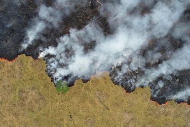 Vue aérienne de la forêt amazonienne en flamme prise le 24 août dans l&#039;Etat Rondonia, au Brésil.