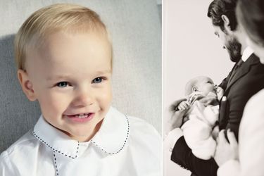 Le petit prince Gabriel de Suède. Photo diffusée pour ses 2 ans, le 31 août 2019. A droite, avec ses parents sur une photo dévoilée le 1er novembre 2017 