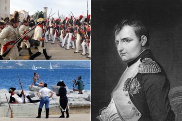 Journées napoléoniennes à Ajaccio pour les 250 ans de la naissance de Napoléon, le 13 août 2019. A gauche, gravure figurant l'empereur en 1815 