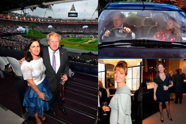 De g. à dr. et de haut en bas: Boris Johnson avec sa seconde épouse, Marina Wheeler. En voiture avec sa petite amie Carrie Symonds. Petronella Wyatt. Helen Macintyre.