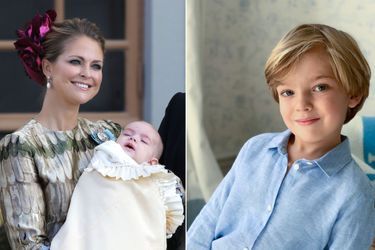 Le prince Nicolas de Suède dans les bras de la princesse Madeleine le 11 octobre 2015, jour de son baptême. A droite, portrait diffusé pour ses 4 ans 
