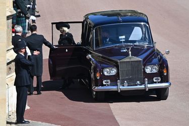 Arrivée de la duchesse Camilla, à la Chapelle St Georges, pour les funérailles du prince Philip au Château de Windsor, samedi 17 avril 2021.