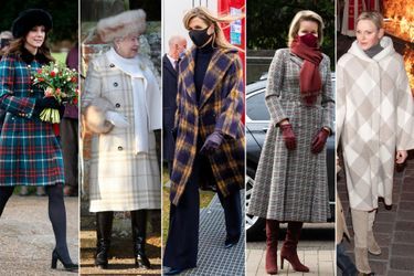 Kate Middleton, les reines Elizabeth II, Maxima des Pays-Bas et Mathilde de Belgique, la princesse Charlène de Monaco en manteaux à carreaux