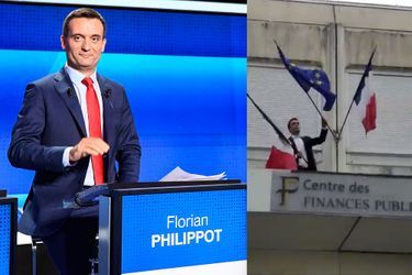 A gauche, Florian Philippot lors d&#039;un débat sur France 2 le 4 avril. A droite, l&#039;eurodéputé retire le drapeau de l&#039;Union européenne du fronton du centre des finances publiques de Forbach.
