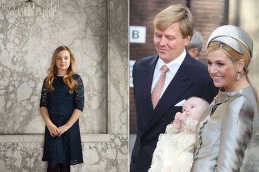 La princesse Ariane des Pays-Bas, en mars 2018, photo diffusée pour ses 12 ans le 10 avril 2019. A droite, avec ses parents lors de son baptême le 20 octobre 2007