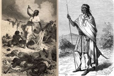  Gravures du XIXe siècle figurant l’empereur Téwodros II d’Ethiopie (à droite) et son suicide le 13 avril 1868 (à gauche) 