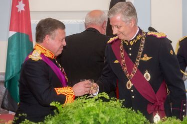 Le roi Abdallah II de Jordanie et le roi des Belges Philippe lors de la visite d'Etat du couple royal jordanien en Belgique, le 18 mai 2016