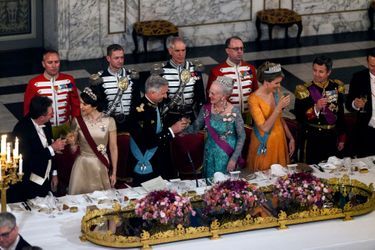 Le roi des Belges Philippe et la reine Mathilde avec la reine Margrethe II de Danemark, le prince héritier Frederik et la princesse Mary lors de la visite d&#039;Etat du couple royal belge au Danemark, le 28 mars 2017