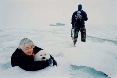 Avec un bébé phoque, au Groenland, lors de la campagne de 1998.
