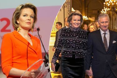 La reine des Belges Mathilde à Bruxelles, le 27 février 2019. A droite, avec le roi Philippe au Palais royal le 28 février 2019