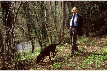 Valéry Giscard d'Estaing avec son chien, dans la forêt de son domaine de La Varvasse, à Chanonat, dans le Puy-de-Dôme, en avril 1986.
