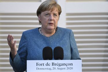 Angel Merkel lors d'une conférence de presse au Fort de Brégançon le 20 août 2020