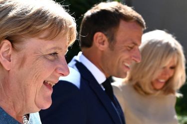 Angela Merkel, Emmanuel Macron et Brigitte Macron au Fort de Brégançon, à Bormes-les-Mimosas, le 20 août 2020