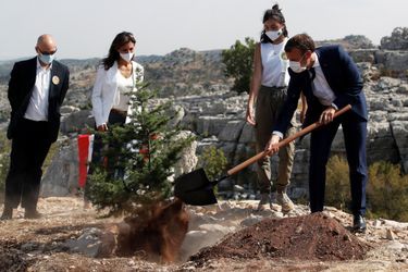 Emmanuel Macron a planté un cèdre - l'emblème du pays - dans la réserve naturelle de Jaj, au nord-est de Beyrouth.