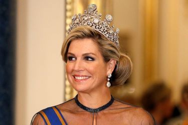 La reine Maxima des Pays-Bas à Londres le 23 octobre 2018. Au sommet de son diadème, le diamant Stuart des Orange-Nassau 
