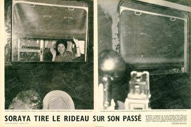 « Soraya tire le rideau sur son passéDe Genève à Gênes, où elle va s’embarquer pour l’Amérique, la princesse Soraya est acclamée à chaque adret par la foule. À Milan, émue, elle salue de la main. Les flashes l’ont contrainte à tirer le rideau du compartiment où elle est accompagnée de sa mère et de son frère. Motif du voyage : trois semaines de vacances. »Paris Match, n°472, daté du samedi 26 avril 1958