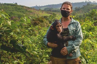 Forêt de Kiobo, République démocratique du Congo. Dans les bras d’Amandine Renaud, un nouveau pensionnaire, Naseka, 18 mois. Le masque permet d’éviter la transmission mutuelle de maladies.