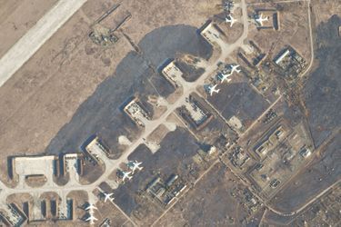 La base aérienne ukrainienne de Mélitopol, dans l'oblast de Zaporijia (sud), a fait l’objet d’un raid aérien violent de l'armée russe, le 28 février 2022.