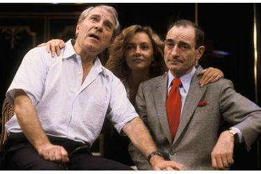 Jean Poiret, Caroline Cellier et Pierre Etaix au théâtre dans «L'age de monsieur est avance», en septembre 1985.