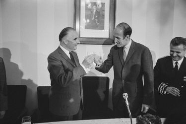 Georges Pompidou et Valéry Giscard d'Estaing à Clermont-Ferrand le 21 octobre 1967, France. 