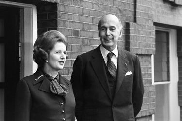 Margaret Thatcher et Valéry Giscard d'Estaing lors d'un sommet franco-britannique à Londres le 19 novembre 1979, Royaume-Uni. 