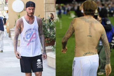 David Beckham a les prénoms de ses trois fils Brooklyn (né en 1999), Cruz (né en 2005) et Romeo (né en 2002) tatoués en respectivement en bas, au milieu et en haut de son dos. Il a également ajouté le nom de sa fille Harper (née en 2011) sur sa clavicule. 