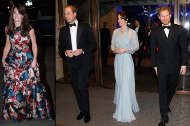 La duchesse de Cambridge Catherine à Londres le 27 octobre 2015 (à gauche) et le 26 octobre 2015 avec les princes William et Harry (à droite)
