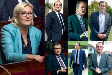 Marine Le Pen et sa garde rapprochée : de gauche à droite et de haut en bas : David Rachline, Philippe Olivier, Nicolas Bay, Louis Aliot, Sébastien Chenu et Steeve Briois.