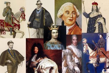 De gauche à droite, en haut : Henri II, Henri IV, Louis XVI, Louis XV. Au centre : Louis IX. De gauche à droite en bas : Henri III, Louis XIV, Charles X, François Ier.