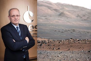 Jean-Yves Le Gall, président du CNES. A droite, une vue de la surface de Mars prise par le rover Curiosity en janvier 2013.